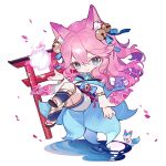  1girl ahri_(league_of_legends) animal animal_ear_fluff animal_ears armlet bell blue_bow blue_eyes blue_pupils blue_ribbon bow brown_sandals chibi chinese_commentary closed_mouth cloud_print commentary_request dress energy_ball eyelashes floating floating_clothes floating_hair fox fox_ears fox_girl fox_tail full_moon gold_armlet hair_bell hair_between_eyes hair_bow hair_ornament happy highres japanese_clothes jewelry kimono kimono_dress kitsune knee_up league_of_legends light_blush light_particles long_hair long_sleeves looking_at_viewer loose_hair_strand magic moon multiple_tails neck_ribbon object_floating_above_hand official_alternate_costume over-kneehighs petals pink_hair print_sleeves puddle reflection reflective_liquid ribbon sandals short_dress simple_background smile socks solo sparkle spirit_blossom_ahri tabi tail thighhighs torii tsurime wavy_hair white_background white_kimono white_socks wide_sleeves xiangyun yanshuangjun zouri 