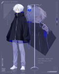  1boy artist_name black_coat blue_eyes character_name character_pronouns closed_mouth coat commentary english_commentary full_body grey_background grey_eyes grey_pants hair_between_eyes heterochromia highres intravenous_drip iv_stand long_sleeves male_focus mooshiki mooshiki_(character) multiple_views no_shoes original pants qr_code short_hair socks standing white_hair white_socks zipper zipper_pull_tab 
