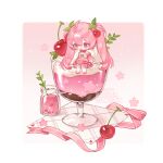  1girl :d ahoge artist_name blush cherry cherry_hair_ornament chibi chibi_only chinese_commentary commentary_request cup double-parted_bangs dress drinking_glass food food-themed_hair_ornament fruit full_body hair_between_eyes hair_ornament hatsune_miku highres ichisaku long_hair long_sleeves mini_person minigirl open_mouth pink_dress pink_hair pink_shoes sakura_miku shoes sitting smile socks solo twintails very_long_hair vocaloid white_socks 