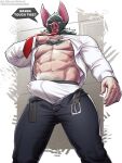  1boy abs amonsyd animal_ears artist_name bara bat_boy bat_ears belt black_belt black_pants bulge claws closed_mouth dispatch english_commentary english_text erection facing_viewer fangs from_below highres male_focus male_underwear muscular muscular_male navel necktie nipples open_clothes open_fly open_pants open_shirt pants pectorals precum precum_through_clothes red_necktie shirt sonar_(dispatch) speech_bubble underwear white_male_underwear white_shirt 