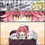  4girls animal_on_head bird bird_on_head black_hat blonde_hair body_markings breasts bright_pupils changli_(wuthering_waves) cleavage closed_eyes closed_mouth cold colored_eyelashes commentary_request earrings hair_between_eyes hair_ornament hair_rings hat highres jewelry jinhsi_(wuthering_waves) korean_commentary large_breasts long_hair mole mole_on_cheek multiple_girls on_head orange_eyes pink_hair sanhua_(wuthering_waves) smile trembling verina_(wuthering_waves) white_hair white_pupils windy_(jazz9207) wuthering_waves 