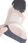  1girl ass black_hair black_shorts bra from_behind highres hiroki_(yyqw7151) original panties short_hair shorts simple_background sitting soles solo toes underwear white_background white_bra white_panties 