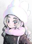  1girl ansha_(pokemon) bag black_coat black_hair blue_eyes blush closed_mouth coat hat highres long_hair long_sleeves looking_at_viewer pink_scarf pokemon pokemon_legends:_z-a scarf simple_background solo tori_(torisan_pokemon) upper_body white_hat winter_clothes winter_coat 