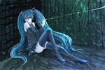  aqua_eyes aqua_hair bare_shoulders blue_eyes blue_hair boots collar corner detached_sleeves hair_ornament hatsune_miku headphones leash long_hair necktie saitou_de_shita sitting skirt solo thigh_boots thighhighs twintails very_long_hair vocaloid 