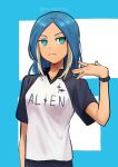  1girl blue_background blue_eyes blue_hair blue_shorts blue_sleeves commentary inazuma_eleven inazuma_eleven_(series) inazuma_eleven_ares_no_tenbin kokuro_(kosyari) long_hair looking_to_the_side multicolored_hair shirt shorts sportswear twitter_username two-tone_hair urubida white_background white_hair white_shirt 