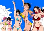  5girls arm_up baseball_cap bikini black-framed_eyewear black_hair black_hat blonde_hair blue_background blue_bikini blue_hair blue_sky breasts cleavage closed_eyes closed_mouth colored_inner_hair cowboy_shot glasses gradient_hair green_bikini hand_on_own_hip hand_up hashtag-only_commentary hat highres hongou_miyuki kitahara_aoba kusunoki_aroma large_breasts long_hair medium_breasts medium_hair multicolored_hair multiple_girls navel open_mouth pink_bikini pink_hair purple_hair red_bikini red_hair sawaranaide_kotesashi-kun sayamagaoka_chiyo shinjou_takuya short_hair side-tie_bikini_bottom sky smile stomach sumiyoshi_izumi swimsuit teeth textless_version twintails upper_teeth_only v yellow_bikini 