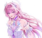  1girl absurdres bare_shoulders breasts commentary cyrene_(honkai:_star_rail) cyrene_(ripples_of_past_reverie)_(honkai:_star_rail) diamond_in_eye dress earrings fingernails gradient_eyes hair_intakes hair_ornament highres honkai:_star_rail honkai_(series) jewelry long_hair looking_at_viewer multicolored_eyes nail_polish offering_hand open_mouth pink_eyes pink_hair pink_nails planet_earrings pointy_ears simple_background smile solo white_background white_dress yochya 