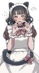  1girl animal_ears apron black_hair blunt_bangs brown_dress cat_ears cat_tail cowboy_shot dress embarrassed flying_sweatdrops four-finger_heart_hands frilled_apron frills green_eyes heart heart_hands highres lilac_(li_lac_3) link!_like!_love_live! looking_at_viewer love_live! maid maid_apron maid_headdress medium_hair momose_ginko nyan_nyan_nyan_fair_in_gamers official_alternate_costume puffy_short_sleeves puffy_sleeves short_sleeves simple_background solo tail tail_around_own_waist virtual_youtuber white_apron white_background 