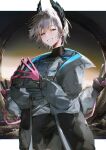  1girl :d arknights black_gloves black_jacket commentary_request commission double_v earrings extra_arms gloves grey_eyes grey_hair grin half-closed_eyes jacket jewelry jpeg_artifacts long_sleeves looking_at_viewer open_clothes open_jacket own_hands_together pink_gloves pouch raidian_(arknights) short_hair skeb_commission smile solo steepled_fingers unusually_open_eyes uyuu_(hirameki) v 
