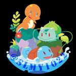  animal_focus black_background blue_eyes bulbasaur charmander commentary fang fire flame-tipped_tail full_body kariki_hajime leaf moss no_humans no_lineart open_mouth pokemon pokemon_(creature) red_eyes simple_background squirtle starter_pokemon_trio tail water 