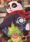anthro asian_clothing bandai_namco bear clothing digimon digimon_(species) digimon_beatbreak duo east_asian_clothing eyes_closed gekkomon green_body haori hi_res japanese_clothing lizard long_tongue male mammal pandamon red_eyes reptile scalie scarf shirokumaou size_difference smile tongue tongue_out