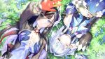  2girls arm_at_side arm_up black_hair black_shrug blue_eyes blurry blurry_foreground blush breasts center-flap_bangs cerydra_(honkai:_star_rail) colored_inner_hair crown detached_sleeves double-parted_bangs dress drop-shaped_pupils earclip earrings flower from_above gloves grass green_hair grey_hair hand_rest head_ornament highres honkai:_star_rail honkai_(series) hysilens_(honkai:_star_rail) jewelry long_hair lying mini_crown multicolored_hair multiple_girls multiple_rings on_back on_grass on_ground one_eye_closed outstretched_arm parted_lips pearl_earrings pi_(p77777778) purple_hair red_hair ring see-through_body shrug_(clothing) side-by-side symbol-shaped_pupils unworn_crown very_long_hair 
