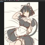  1girl :o alternate_costume animal_ear_hairband animal_ears apron black_hair blunt_bangs blunt_ends bob_cut breasts cat_ear_hairband cat_ears cat_tail commentary_request cowboy_shot dress enmaided fake_animal_ears frilled_apron frills green_eyes hairband hanazora_satsuki large_breasts link!_like!_love_live! love_live! lying maid momose_ginko on_back on_bed open_mouth paw_pose puffy_short_sleeves puffy_sleeves screenshot short_dress short_hair short_sleeves solo tail unfinished virtual_youtuber waist_apron white_apron 