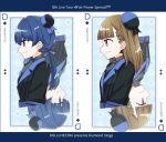  2girls 5th_live_tour_~4pair_power_spread!!!!~ awoke_(love_live!) belt blue_background blue_belt blue_eyes blue_hair blue_hat blue_jacket blue_ribbon braid brown_hair card_(medium) center-flap_bangs closed_mouth commentary_request dollchestra from_side hair_ribbon hat highres jacket kachimachi_kosuzu kanduki_kamibukuro link!_like!_love_live! long_hair love_live! low_twintails mini_hat multiple_girls murano_sayaka official_alternate_costume pink_eyes pinstripe_jacket pinstripe_pattern playing_card_(medium) profile ribbon side_braids three-quarter_sleeves tilted_headwear turtleneck twintails virtual_youtuber 