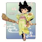  1girl animal_ears black_eyes black_hair border broom broom_riding flip-flops fox_ears fox_girl fox_tail full_body holding holding_broom japanese_clothes kimono kukuri_(mawaru) long_sleeves looking_at_viewer mawaru_(mawaru) open_mouth original petals sandals short_hair solo tail toes white_border yellow_kimono 