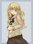  blue_eyes brown_skirt casual cowboy_shot face glasses long_hair long_sleeves looking_at_viewer mune perrine_h_clostermann rimless_eyewear skirt solo strike_witches very_long_hair world_witches_series 