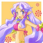  artist_request bikini breasts cheerleader_(disgaea) demon_girl disgaea earrings jewelry long_hair lowres makai_senki_disgaea_3 medium_breasts pointy_ears purple_eyes purple_hair side-tie_bikini solo swimsuit tan 