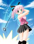  blush day green_eyes hana_(pangya) minami_shinju pangya pink_hair ponytail ribbon skirt sky smile socks solo 