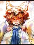  :d bangs blonde_hair bob_cut fox_tail frills hands_in_opposite_sleeves hands_together hat letterboxed long_sleeves looking_at_viewer multiple_tails open_mouth pillow_hat shaded_face short_hair sleeves_past_wrists slit_pupils smile solo tail touhou ukyo_rst upper_body wide_sleeves yakumo_ran yellow_eyes 