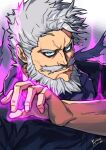  1boy beard blue_eyes boku_no_hero_academia facial_hair full_beard gentle_criminal grey_hair highres looking_at_viewer male_focus mature_male mustache portrait purple_aura rovrov solo thick_beard thick_eyebrows tsurime wavy_hair 