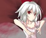  collarbone dacho dress looking_at_viewer pink_dress red_eyes remilia_scarlet short_hair short_sleeves silver_hair solo touhou 