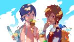  1boy 1girl bag bandaid bandaid_on_face blue_eyes blue_sky bracelet brown_hair character_request chibimon cloud commentary_request digimon digimon_(creature) food goggles goggles_around_neck holding holding_food holding_popsicle ice_cream ichijouji_ken jewelry kariki_hajime orange_eyes outdoors pink_shirt popsicle shirt short_hair sky 