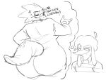 2025 alphys animation_sensation anthro big_butt butt clothed clothed_anthro clothed_female clothing cross-popping_vein digital_drawing_(artwork) digital_media_(artwork) duo english_text eyebrows eyewear female floppy_ears furgonomics glasses looking_back lop_ears mammal monochrome monster round_glasses scalie shirt simple_background sketch tail text thought_bubble topwear undertale_(series) white_background