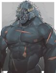  1boy abs bara battle_scarred completely_nude cowboy_shot curled_horns facial_hair furry furry_male grey_fur highres horns huge_pectorals krampus_(housamo) light_frown looking_at_viewer male_focus mature_male medium_hair multiple_scars muscular muscular_male mutton_chops navel neumo nipples nude scar scar_across_eye scar_on_face sideburns solo standing stomach thick_eyebrows tokyo_afterschool_summoners tusks v-taper whiskers 