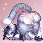anthro anus ass_up big_butt blue_eyes blue_hair breast_squish breasts butt butt_heart cherry_agency domestic_cat fangs felid feline felis female fur genitals hair hi_res huge_butt mammal meioko_(binnoc9) multicolored_body multicolored_fur open_mouth solo squish striped_body striped_fur stripes teeth vulva
