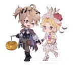 1boy 1girl :d ahoge black_gloves blonde_hair blue_eyes candy_jar chibi chibi_only crown dress eye_contact fang gloves hair_between_eyes hair_intakes half-closed_eye hanaochi_pic head_wreath hetero heterochromia highres holding holding_hands holding_pumpkin identity_v jack-o&#039;-lantern jacket jacket_on_shoulders laurel_crown looking_at_another luca_balsa luca_balsa_(fugue_for_dawn) official_alternate_costume ponytail pumpkin pumpkin_hat_ornament purple_eyes purple_jacket short_hair short_ponytail smile stitched_eye torn_clothes tracy_reznik tracy_reznik_(paper_heart) wavy_hair white_dress yellow_pupils 