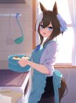  1girl :d animal_ears apron aqua_apron black_pantyhose black_shorts blue_eyes cheval_grand_(umamusume) cooking cooking_pot cowboy_shot curtains day hair_between_eyes highres holding holding_cooking_pot horse_ears horse_girl horse_tail indoors kitchen ladle multicolored_hair open_mouth oven pantyhose sagen shirt short_hair_with_long_locks shorts smile solo spatula streaked_hair tail umamusume watermark white_hair white_shirt window 