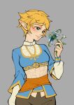  1girl blonde_hair blue_eyes blue_flower blue_shirt blush breasts commentary english_commentary eyelashes flat_color flower green_eyes grey_background highres holding holding_flower official_alternate_hair_length official_alternate_hairstyle pointy_ears princess_zelda prototype_design rinkuu_art shirt short_hair simple_background smile solo the_legend_of_zelda the_legend_of_zelda:_tears_of_the_kingdom thick_eyebrows very_short_hair 