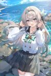  1girl absurdres black_hairband bow bowtie firefly_(honkai:_star_rail) firefly_(spring_missive)_(honkai:_star_rail) green_bow green_bowtie grey_hair grey_sailor_collar grey_skirt hairband highres honkai:_star_rail honkai_(series) kuroida long_hair looking_at_viewer ocean official_alternate_costume open_mouth outdoors plaid_bow plaid_bowtie plaid_clothes sailor_collar school_uniform serafuku shirt skirt thighhighs white_shirt white_thighhighs 