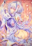  1girl ass chikinan_tarou fate/grand_order fate_(series) long_hair looking_at_viewer merlin_(fate/prototype) painting_(medium) petals pink_eyes pointy_ears robe smile solo traditional_media very_long_hair watercolor_(medium) white_hair 