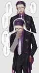  1boy black_hair black_jacket black_pants collared_shirt commentary_request corbeau_(pokemon) disembodied_hand glasses grey_background hand_in_pocket hayate_akino highres jacket kiss kissing_hand long_sleeves looking_at_viewer male_focus multiple_views necktie pants pokemon pokemon_legends:_z-a pokemon_sv purple_hair purple_shirt round_eyewear shirt speech_bubble suit translation_request white_necktie 