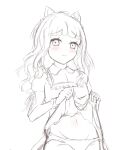  1girl animal_ears apron bairasu_02 blunt_bangs blush cat_ears clothes_lift collared_dress commentary_request cowboy_shot dress dress_lift frilled_apron frills groin highres juliet_sleeves kachimachi_kosuzu lifting_own_clothes link!_like!_love_live! long_hair long_sleeves looking_at_viewer love_live! maid maid_headdress navel nyan_nyan_nyan_fair_in_gamers panties puffy_sleeves raised_inner_eyebrows simple_background solo spot_color underwear unfinished virtual_youtuber white_background 