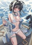  1girl absurdres arknights bikini bird black_eyes black_hair blush bottle breasts crow frilled_bikini frills goggles goggles_around_neck highres holding holding_bottle jacket la_pluma_(arknights) la_pluma_(summer_flowers)_(arknights) m-chai medium_breasts navel official_alternate_costume open_clothes open_jacket short_hair smile solo swim_goggles swimsuit water water_bottle white_bikini white_jacket 