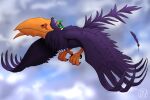 2022 4_toes absurd_res ambiguous_gender anisodactyl arm_support avian beak bird carrying_another closed_beak clothing cloud coldfusion digital_media_(artwork) digital_painting_(artwork) duo extreme_size_difference feathered_wings feathers feet feral flying forward_arm_support green_clothing green_hat green_headwear green_shirt green_topwear guay happy hat headgear headwear hi_res humanoid humanoid_pointy_ears larger_ambiguous larger_feral link macro male nintendo open_mouth open_smile orange_beak orange_legs orange_talons painting_(artwork) pointy_ears purple_body purple_feathers riding riding_on_back shaded shirt size_difference sky smaller_humanoid smaller_male smile soft_shading spread_wings tail tail_feathers the_legend_of_zelda toes topwear wings