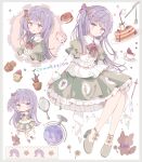  1girl absurdres blush bow bowtie brown_bow brown_bowtie center_frills chibi closed_mouth collared_shirt commentary_request food footwear_bow fork frilled_skirt frills full_body green_bow green_shoes green_skirt hair_bow highres knife layered_sleeves long_hair long_sleeves looking_at_viewer multiple_views one_side_up open_mouth original pancake pancake_stack parted_lips pleated_skirt purple_eyes purple_hair shirt shoes short_over_long_sleeves short_sleeves skirt smile tsukiyo_(skymint) white_background white_shirt 