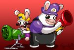 2018 anthro black_clothing black_eyelids black_facial_hair black_mustache black_overalls buckteeth buckteeth_(lower_incisors) bwaluigi bwario closed_smile clothed clothed_anthro clothed_male clothing crossover derp_eyes digital_drawing_(artwork) digital_media_(artwork) duo facial_hair featureless_legs francoisl-artblog fully_clothed fully_clothed_anthro fully_clothed_male fur gatling_gun gradient_background gun hat headgear headwear holding_object holding_ranged_weapon holding_rocket_launcher holding_weapon lagomorph larger_anthro larger_male lidded_eyes light lighting long_ears machine_gun male male_anthro mammal mario_bros mario_plus_rabbids_kingdom_battle mitten_hands mouth_closed multicolored_body mustache nintendo noseless open_mouth open_smile overalls pawpads purple_clothing purple_hat purple_headwear purple_overalls purple_shirt purple_topwear rabbid ranged_weapon raving_rabbids rayman_(series) red_background red_eyes rocket_launcher shaded shirt short_legs signature simple_background sitting size_difference smaller_anthro smaller_male smile standing tan_body tan_inner_ear tan_pawpads tan_skin teeth topwear two_tone_body ubisoft weapon white_body white_fur yellow_clothing yellow_hat yellow_headwear yellow_shirt yellow_topwear