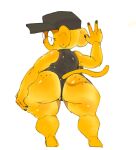 anthro big_butt big_ears black_baseball_cap black_clothing black_eyes black_leotard black_nails black_nose bottom_heavy butt clothing colored_nails eyelashes eyewear female freckled_butt freckles fur gesture glasses hand_gesture haplorhine leotard looking_at_viewer looking_back looking_back_at_viewer mammal monkey nails pincparti primate round_glasses simple_background solo thick_thighs v_sign white_background wide_hips yellow_body yellow_fur