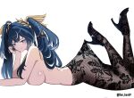  1girl absurdres ahoge black_shoes blue_eyes blue_hair breasts closed_mouth commentary den_kun69 english_commentary from_side head_rest high-waist_pantyhose high_heels highres hooked_on_heel iuno_(wuthering_waves) lace_pantyhose lace_pantyhose_hooked_on_heel_(meme) large_breasts laurel_crown looking_at_viewer looking_to_the_side lying meme multicolored_hair no_panties on_stomach pantyhose shoes simple_background smile solo streaked_hair the_pose topless_female twintails twitter_username white_background wuthering_waves 