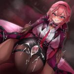  1girl ^^^ black_pantyhose blue_eyes blush breasts clothed_female_nude_male clothed_sex cum cum_on_body cum_on_legs cum_on_legwear dark-skinned_male dark_skin ejaculation grin hair_between_eyes hairband head_wings high-waist_shorts highres hololive long_sleeves looking_at_viewer medium_breasts necktie nixour nude pantyhose pink_hair shirt short_hair shorts smile smug steam takane_lui takane_lui_(1st_costume) thigh_sex thigh_strap virtual_youtuber white_shirt wings 