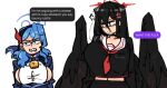 2girls ako_(blue_archive) anger_vein angry bell black_hair black_shirt black_wings blue_archive blue_eyes blue_halo breasts clenched_teeth english_text hair_between_eyes halo hasumi_(blue_archive) kinzaibatsu91 large_breasts long_hair looking_at_another multiple_girls neck_bell neckerchief red_eyes red_halo red_neckerchief shirt sideboob teeth white_background wings 