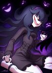  1girl :o @_@ black_dress breasts commentary crazy_eyes crazy_smile dress english_commentary fangs frown ghost hairband hand_on_own_foot hex_maniac_(pokemon) highres holding holding_poke_ball kneeling long_hair long_sleeves looking_at_viewer mimikyu open_mouth open_poke_ball poke_ball poke_ball_(basic) pokemon pokemon_(creature) pokemon_xy purple_eyes purple_hair purple_hairband purple_shoes revenantart shoes signature smile solo very_long_hair white_eyes 