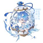  1girl :d artist_name bare_shoulders barefoot blue_dress blue_eyes blue_hair blue_sleeves blush chibi chibi_only chinese_commentary commentary_request detached_sleeves dress flower frilled_dress frills full_body hair_flower hair_ornament ichisaku open_mouth re:zero_kara_hajimeru_isekai_seikatsu rem_(re:zero) short_hair simple_background sitting smile solo strapless strapless_dress white_background 