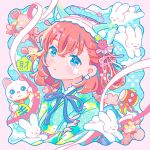  1girl animal_ear_hairband animal_ears blue_eyes cat_ears fake_animal_ears hair_ribbon hairband highres hiro046k japanese_clothes kimono looking_at_viewer maneki-neko medium_hair miracle_mallet neck_ribbon original rabbit red_hair ribbon solo 