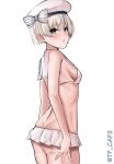  1girl absurdres ass back bikini bikini_skirt blush bow breasts commentary_request cowboy_shot from_behind grey_eyes hair_between_eyes hat hat_bow highres kantai_collection looking_at_viewer microskirt one-hour_drawing_challenge pleated_skirt sailor_bikini sailor_collar short_hair sideboob sidelocks simple_background skirt small_breasts solo standing string_bikini swimsuit tf_cafe turning_head twitter_username white_background white_bikini white_bow white_hair white_hat white_sailor_collar z1_leberecht_maass_(kancolle) z1_leberecht_maass_(swimsuit)_(kancolle) 