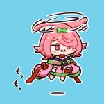  1girl :3 aircraft animal_ears azuchi_momo azuchi_momo_(1st_costume) bare_shoulders blue_background blush_stickers border bow bowtie chibi chibi_only closed_mouth colored_inner_hair flying green_bow green_jacket hair_bow hair_over_one_eye helicopter jacket jitome kaniyama_(azuchi_momo) long_sleeves medium_hair multicolored_hair nijisanji pink_eyes pink_hair pink_jacket pongari rabbit_ears rabbit_girl red_bow red_bowtie simple_background sleeves_past_fingers sleeves_past_wrists smile solo spinning two-tone_hair virtual_youtuber white_border 