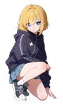  1girl absurdres black_jacket blonde_hair blue_eyes blue_skirt bright_pupils convenient_leg doro_(doroluvkuma) film_grain full_body highres hood hooded_jacket jacket long_sleeves looking_at_viewer looking_to_the_side miniskirt multicolored_shoes on_one_knee original parted_bangs pleated_skirt shoes short_hair simple_background skirt sneakers socks solo turning_head two-tone_shoes white_background white_pupils white_socks 